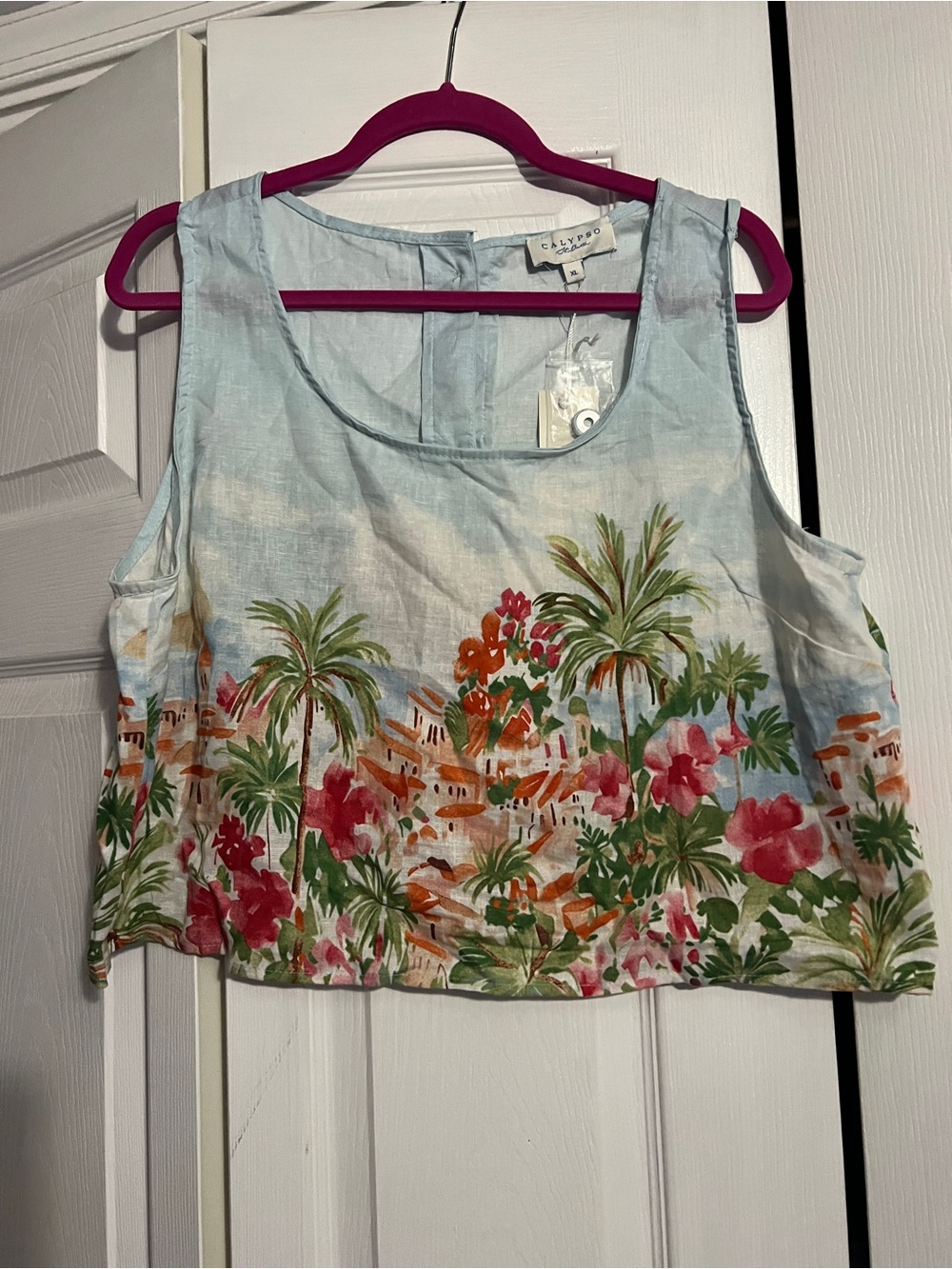 Calypso St. Barth Light Blue Tropical Floral Linen Tank